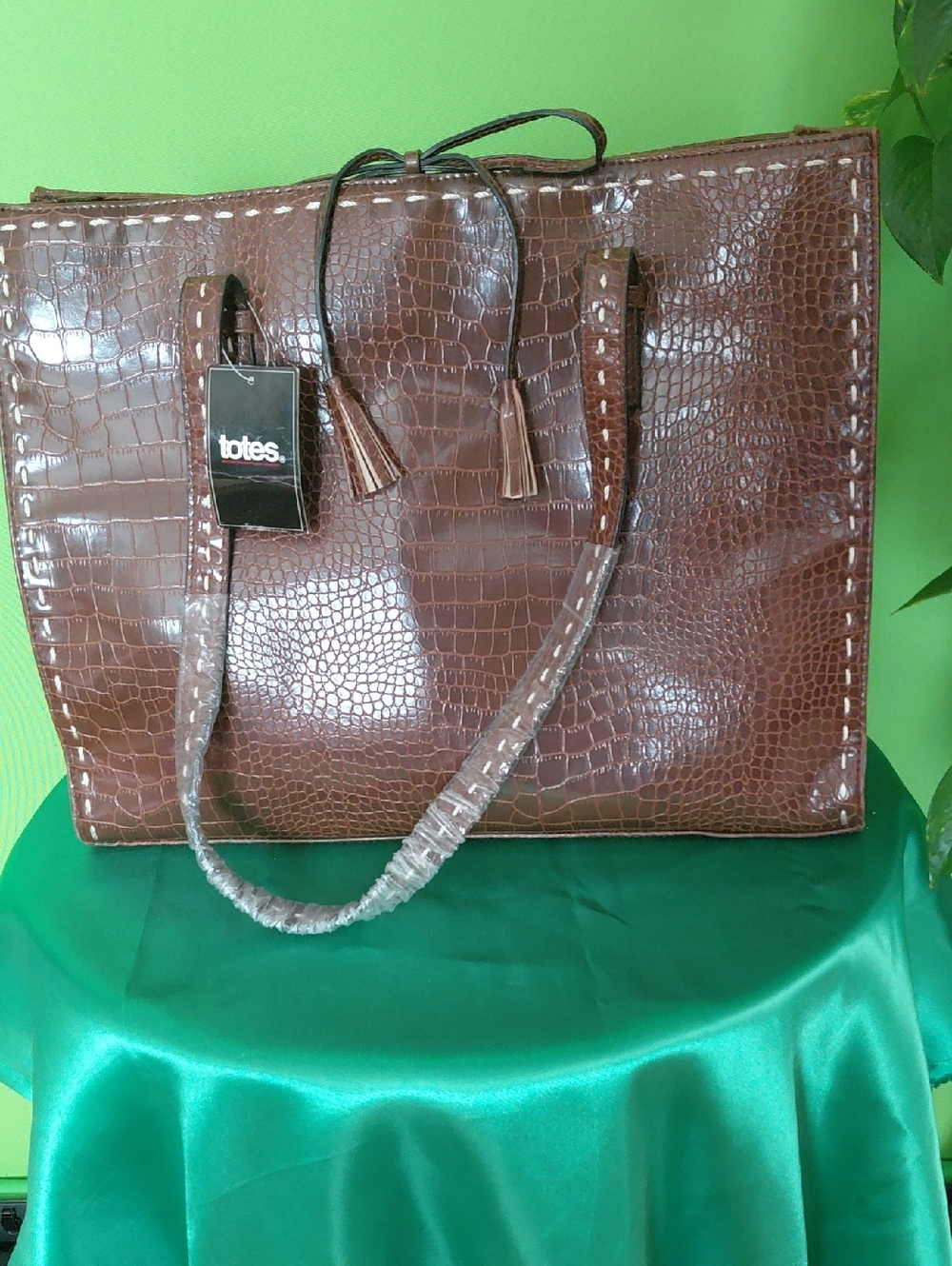 Totes Brown Faux Crocodile Leather -Embossed Glossy Tote with Tassel, NWT